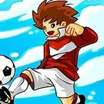 A cheerful cartoon boy in a red and white soccer uniform is kicking a black and white soccer ball against a bright blue sky with fluffy clouds