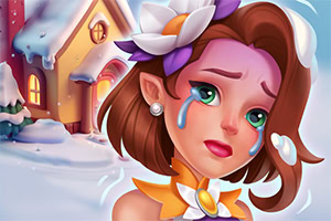 A young woman with long brown hair and teal eyes, adorned with a flower accessory, has tears streaming down her cheeks against a snowy backdrop featuring a quaint house