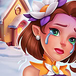 A young woman with long brown hair and teal eyes, adorned with a flower accessory, has tears streaming down her cheeks against a snowy backdrop featuring a quaint house