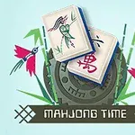 The image features two Mahjong tiles adorned with colorful designs, set against a backdrop of bamboo and vibrant birds, with the text Mahjong Time prominently displayed below