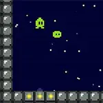 A retro-style pixel art scene featuring two green alien characters floating in a starry night sky, surrounded by a dark background and a bordered game interface