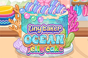 A colorful cartoon ocean-themed jelly cake decorated with shells, coral, pearls, and the text tiny baker ocean jelly cake