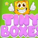 The image features a cheerful, animated yellow character with a big smile and thumbs up, accompanied by the bold text TINY BOXES in pink, set against a bright green background