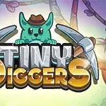 The image features a cute, cartoonish green character wearing a hat, holding two pickaxes, with the bold title Tiny Diggers prominently displayed against a whimsical forest backdrop