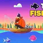 An animated scene of a person fishing in a small boat amidst a colorful landscape featuring trees, a sunset gradient sky, and small fish swimming in the water, with the text Tiny Fishing prominently displayed