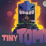 A character stands in front of a large, menacing stone tomb entrance with a vibrant background featuring two moons and fiery elements, accompanied by the bold title TINY TOMB in a playful font