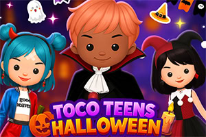 Three cute cartoon children in colorful Halloween costumes with pumpkins, bats, ghosts, and festive text on a purple background