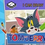 The image features Tom and Jerry from The Tom and Jerry Show, with Tom holding a green marker and a sketchpad, accompanied by paintbrushes, promoting a drawing activity