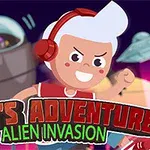 A colorful, cartoon-style image featuring a confident boy with white hair and headphones, running amid spaceships and an alien theme, titled Toms Adventure: Alien Invasion