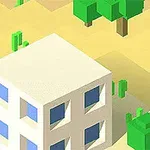 A simplistic, low-poly style desert landscape featuring a white, cubical building with blue windows, surrounded by green trees, cacti, and rocky terrain