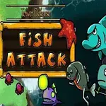 Colorful cartoon-style graphics featuring various animated fish and a turtle alongside the title Fish Attack in a tower defense game setting