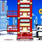 A pixel art scene featuring a cartoon panda character standing beside a red tower structure with a donut nearby, set against a colorful cityscape backdrop with snow and buildings