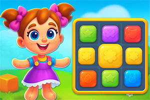A cheerful cartoon girl with brown hair and pink pigtails smiles next to a colorful grid of square blocks in various vibrant colors, set against a bright, sunny outdoor background with green grass