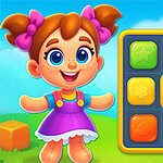A cheerful cartoon girl with brown hair and pink pigtails smiles next to a colorful grid of square blocks in various vibrant colors, set against a bright, sunny outdoor background with green grass