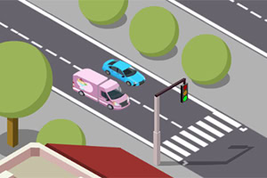 A top-down view of a colorful street scene with a pink delivery truck, a blue car, green trees, and a traffic light showing green