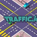 An animated intersection scene featuring colorful vehicles and road markings, with the text TRAFFIC