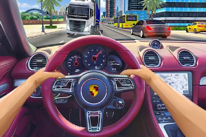 A drivers perspective inside a luxurious Porsche sports car, featuring a modern dashboard and busy city streets ahead with various vehicles and palm trees