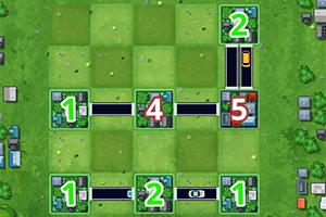 A green grid layout featuring numbered tiles, with specific tiles displaying road paths and a small car positioned within the grid