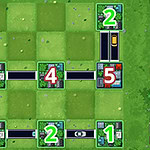 A green grid layout featuring numbered tiles, with specific tiles displaying road paths and a small car positioned within the grid
