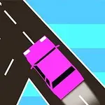 A bright pink car is driving on a black intersecting road against a blue striped background