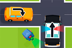 A colorful, cartoon-style illustration depicting a traffic scene with a police car, an orange vehicle making a turn, and directional arrows indicating movement