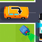 A colorful, cartoon-style illustration depicting a traffic scene with a police car, an orange vehicle making a turn, and directional arrows indicating movement