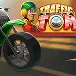 The image features a green motorcycle alongside the colorful logo of the game Traffic Tom, depicting a cartoon character wearing a helmet, set against a blurred, dynamic background that suggests movement