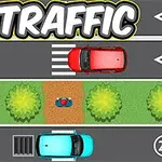 A cartoon-style traffic scene featuring a red car and a blue car on a colorful road with road signs, a pedestrian crosswalk, and greenery, designed for a game titled Traffic