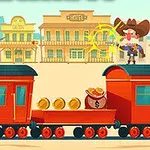 Two cartoon cowboys, one in a purple hat and bandana and the other wearing a cowboy hat, face off atop a red train car amidst a Western town backdrop with buildings labeled Hotel and Saloon, while gold coins and a money