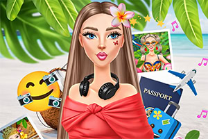 Cartoon-style young woman with long brown hair wearing a red off-shoulder top and headphones, surrounded by tropical leaves, vacation photos, a passport, a small airplane, and music notes
