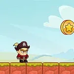 A cartoon pirate character in a black hat stands on a colorful platform, looking at a floating golden star coin against a bright sky with clouds