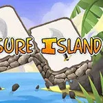 A colorful illustration featuring the words Treasure Island set against a tropical background with palm trees and rocks, evoking a playful, adventurous theme