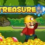 A cheerful miner with a yellow hard hat stands amidst a pile of gold and jewels in a lush, green jungle setting, with the title Treasure Miner prominently displayed above