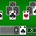 A digital card game display featuring various playing cards, including a 10 of hearts and a 2 of clubs, set against a green background with stacked cards and a play button