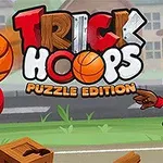 A colorful, cartoon-style game cover featuring the title Trick Hoops: Puzzle Edition, showcasing a character shooting a basketball towards a hoop on a neighborhood street, with vibrant backgrounds and playful graphics