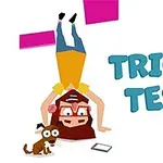 A cartoon character with glasses is upside down while holding a tablet, accompanied by a small dog, with the text TRICKY TEST prominently displayed