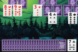 A digital card game interface featuring playing cards with hearts, diamonds, and clubs, set against a spooky forest backdrop with ghostly images