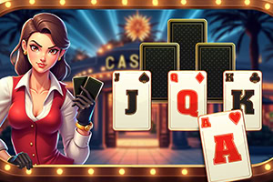 A glamorous female dealer in a casino setting holds two playing cards, with a background featuring illuminated casino elements and a display of card ranks showing two face cards and two aces