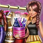 A stylish young woman holds a pink box filled with sparkling items in front of a clothing rack showcasing vibrant outfits, set against a purple background