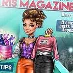 A colorful magazine cover featuring a stylish animated character showcasing dress-up tips, with images of outfits and the title Iris Magazine prominently displayed