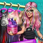 A stylish girl with long pink hair and glasses holds a container of colorful dresses while standing in front of a rack displaying trendy clothing items, set against a vibrant patterned background