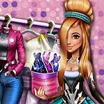 A stylish animated character holds a basket of accessories in front of a clothing rack featuring fashionable outfits on hangers, set against a playful pink polka dot background