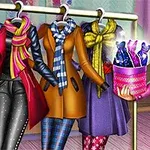 A fashionable girl stands beside a rack displaying colorful winter coats and scarves in a stylish boutique setting, holding a basket filled with accessories