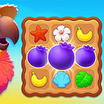 Tropical Match 2 A colorful parrot wearing a straw hat stands beside a grid featuring various fruit and nature-themed icons, including blueberries, bananas, and a starfish, set against a bright blue background