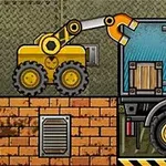 A yellow construction vehicle with a claw attachment is positioned beside a truck, preparing to lift wooden crates in a cartoon-style industrial environment