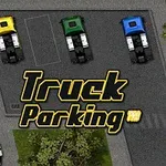 An aerial view of a parking lot featuring three colorful trucks (yellow, green, and blue) parked in designated spaces, with the title Truck Parking Pro prominently displayed