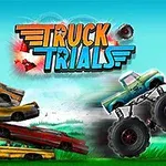 The image features the game title Truck Trials, showcasing a colorful cartoon-style monster truck navigating an obstacle course with barrels and wrecked cars, emphasizing action and adventure in a vibrant landscape