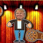 The image features a cartoonish figure with a smiling face, stylized to resemble a well-known individual, alongside a basketball, a wooden cannon, and a backdrop of wooden panels with colorful spotlights