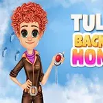 The image features a cheerful animated character with curly orange hair wearing a brown outfit, holding a remote control, set against a blue sky with fluffy clouds and the text Tulip Back to Home prominently displayed