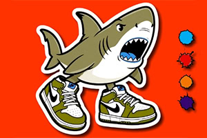 A cartoon-style shark wearing sneakers stands against a bright orange background, with colorful splatters on the side